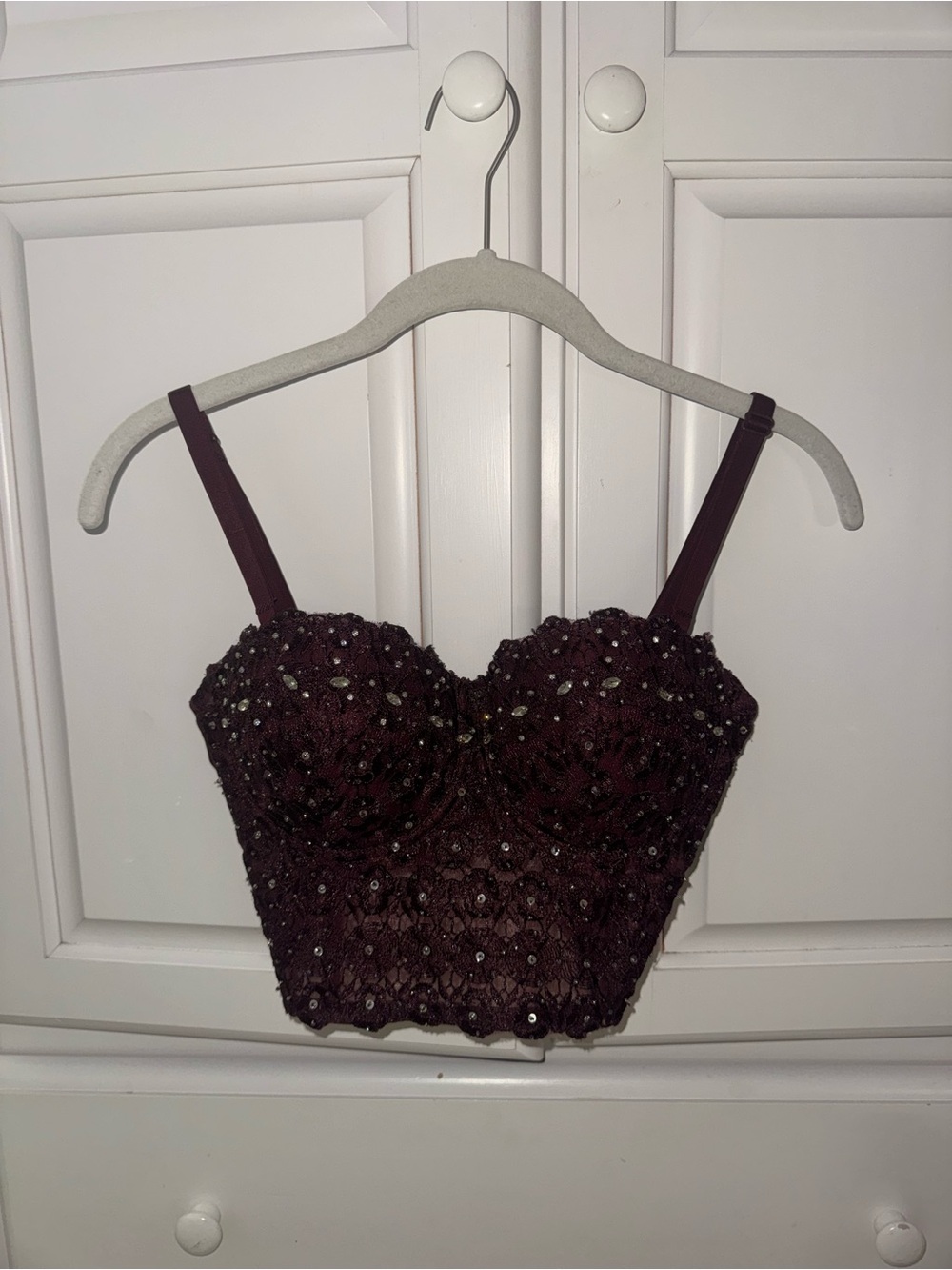 Windsor Embellished Lace Crop Top in Eggplant